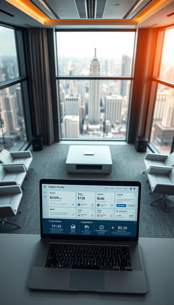A high-angle view of a modern office with sleek, minimalist furniture and a large window overlooking a bustling city skyline. In the foreground, a laptop displays a dashboard for the "Hoxtoon Provider" IPTV service, showcasing various subscription plans and legal compliance information. The background features an array of icons and data visualizations related to IPTV usage and regulations in the United States. The lighting is soft and warm, creating a professional and authoritative atmosphere.