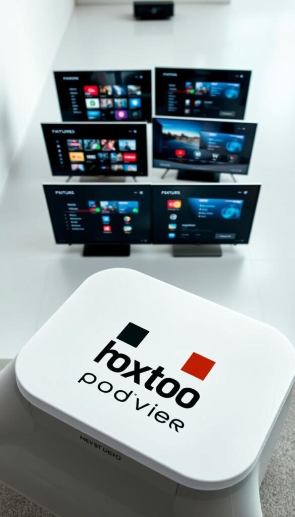 A high-angle view showcasing a side-by-side comparison of multiple IPTV providers, including Hoxtoon Provider, displayed on sleek, modern devices. The foreground features the Hoxtoon Provider logo prominently, with its branding and design elements standing out. The middle ground showcases the user interfaces and features of the various IPTV services, allowing for a detailed comparison. The background is a minimalist, clean-lined setting, accentuating the technological focus. The lighting is soft and diffused, creating a professional, authoritative atmosphere. The overall composition and color palette convey a sense of clarity, credibility, and informed decision-making for the viewer.