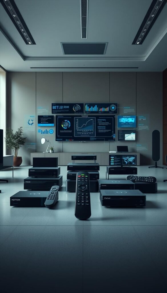 A high-contrast, cinematic comparison of IPTV service providers, featuring the Hoxtoon Provider brand prominently in the foreground. The scene is set in a modern, minimalist office space with clean lines and muted tones. In the middle ground, various IPTV set-top boxes and remote controls are arranged in a dynamic, asymmetrical layout, highlighting their key features and capabilities. The background showcases a series of holographic infographics and data visualizations, providing an informative and visually striking context for the comparison. Dramatic lighting, with strong shadows and highlights, creates a sense of depth and emphasizes the technical details of the IPTV hardware and software. The overall composition and color palette convey a sense of authority, professionalism, and technological innovation.