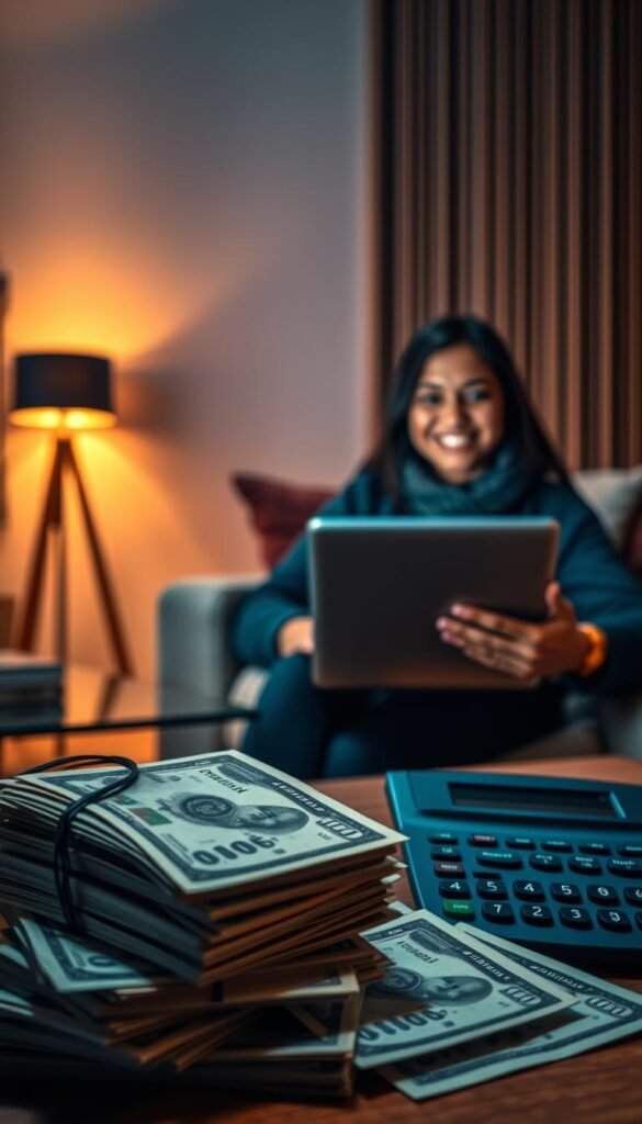 A high-contrast, cinematic image depicting the cost-effectiveness of premium IPTV accounts from the Hoxtoon Provider. In the foreground, a stack of bills and a calculator symbolize the financial benefits, while in the middle ground, a person smiles contentedly while streaming on a laptop, representing the enhanced viewing experience. The background features a sleek, modern living room setting with minimalist decor, emphasizing the seamless integration of premium IPTV into the home environment. Warm, directional lighting casts subtle shadows, creating a sense of depth and professionalism. The overall composition conveys the idea of a premium, yet cost-effective, IPTV solution that elevates the user's streaming experience.