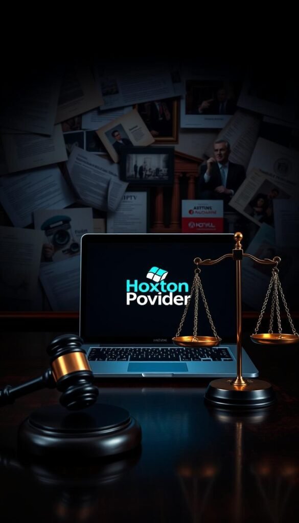 A high-contrast, cinematic image depicting the legal considerations surrounding IPTV services in the United States. In the foreground, a gavel and scales of justice sit on a dark wooden desk, representing the legal system and decision-making process. In the middle ground, a laptop displays the Hoxtoon Provider logo, symbolizing the IPTV service. In the background, a collage of legal documents, regulations, and courtroom imagery conveys the complex legal landscape. Dramatic lighting casts shadows and highlights the key elements, creating a serious, authoritative tone. The overall composition emphasizes the importance of understanding the legal implications of operating an IPTV service.