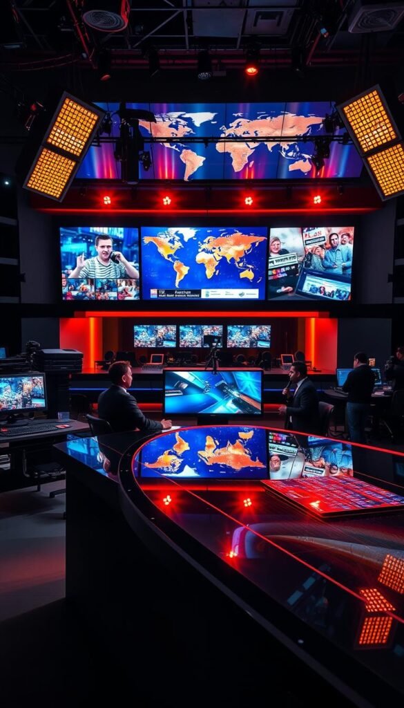 A high-contrast, cinematic image of a vibrant Latino TV network studio. In the foreground, a sleek, modern newsdesk with anchors delivering engaging reports. Behind them, a large video wall displays dynamic, colorful graphics and footage from around the world. The lighting is dramatic, with a mix of warm and cool tones that create a sense of energy and professionalism. In the background, a bustling control room is visible, with technicians hard at work. The overall atmosphere conveys the excitement and diversity of Latino television, showcasing the Hoxtoon Provider brand as a premier destination for premium content.