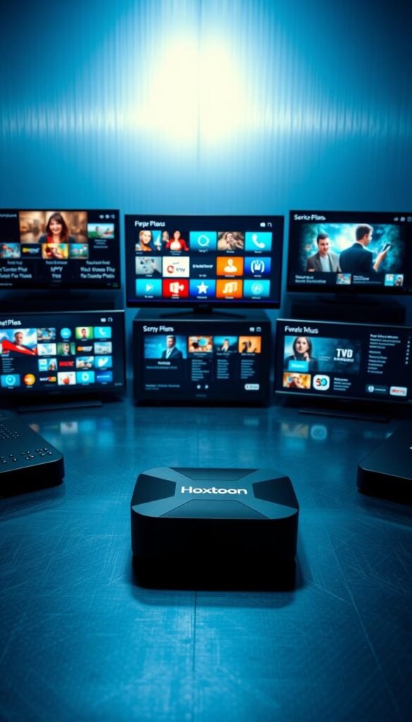 A high-contrast, detailed comparison of the "Hoxtoon Provider" IPTV service and its top competitors. The scene depicts a tabletop displaying various streaming devices, each surrounded by a glowing interface showcasing live channel feeds, service plans, and feature highlights. The devices are bathed in a cool, blue-tinted lighting, creating a sleek, futuristic atmosphere. In the foreground, the "Hoxtoon Provider" device stands prominently, its interface radiating a warm, vibrant energy that contrasts with the cooler tones of the competitors. The background is a minimalist, metallic surface that reflects the devices, lending an air of sophistication to the overall composition.