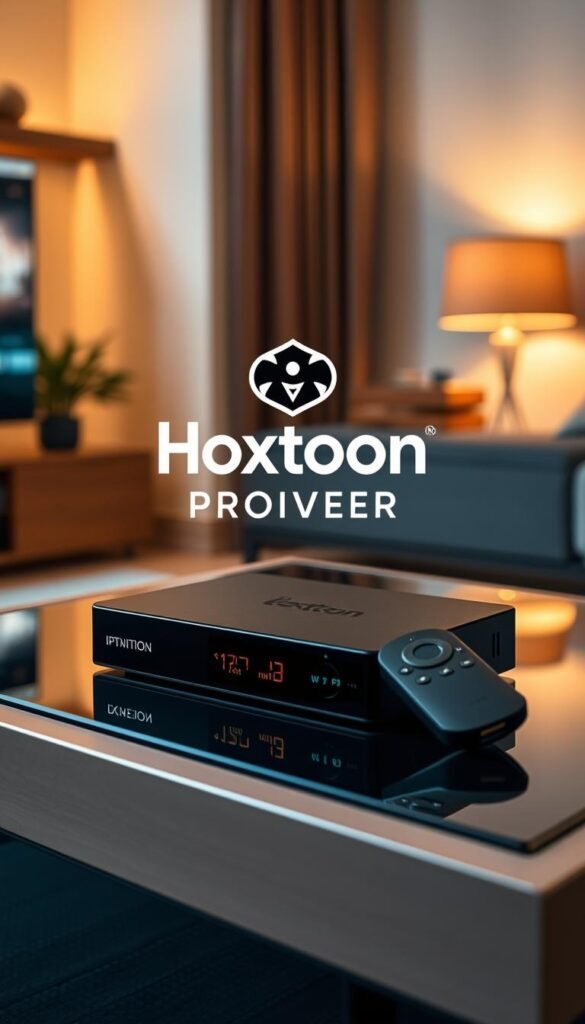 A high-definition IPTV device rests on a modern living room entertainment center, surrounded by a sleek Firestick remote and a cozy, inviting atmosphere. The Hoxtoon Provider logo prominently displayed, signifying a seamless streaming experience for sports enthusiasts. Warm lighting casts a soft glow, creating a comfortable and immersive viewing environment. The composition emphasizes the harmony between technology and the home setting, reflecting the enhanced sports viewing experience.