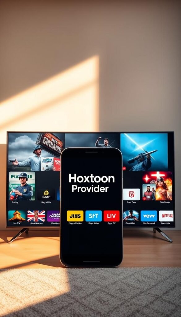 A high-definition IPTV premium channels application for Android devices, showcased against a backdrop of a modern smart TV interface. The app's logo, "Hoxtoon Provider", prominently displayed in the center. Vibrant, colorful channel icons surround the app, representing the diverse selection of live TV, movies, and on-demand content. The interface is sleek and intuitive, with a minimalist design and a smooth, sophisticated aesthetic. Warm, natural lighting illuminates the scene, creating a sense of clarity and professionalism. The overall atmosphere conveys the premium, high-quality nature of the IPTV service, enticing the viewer to explore and download the app.