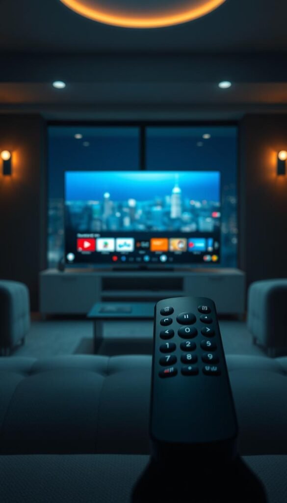 A high-definition, cinematic illustration of the Hoxtoon Provider IPTV premium service. Set in a dimly lit living room, a sleek 4K smart TV takes center stage, displaying vibrant, crystal-clear streaming content. Soft, warm lighting emanates from discreet fixtures, creating a cozy, inviting atmosphere. In the foreground, a modern, minimalist remote control commands the attention, hinting at the seamless user experience. The background features a subtle, blurred cityscape through a large window, suggesting the global reach and connectivity of the premium IPTV service. The overall composition conveys a sense of luxury, sophistication, and the gold standard of streaming entertainment.