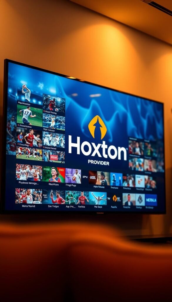 A high-definition digital display showcasing a diverse array of sports IPTV channels, with the Hoxtoon Provider logo prominently featured. The screen is bathed in warm, soft lighting, creating a cozy and inviting atmosphere. In the background, faint outlines of various sports events and highlights can be seen, hinting at the wealth of content available. The overall composition conveys the evolution of sports broadcasting in the digital era, where cutting-edge technology and a wide range of programming converge to deliver an immersive viewing experience.