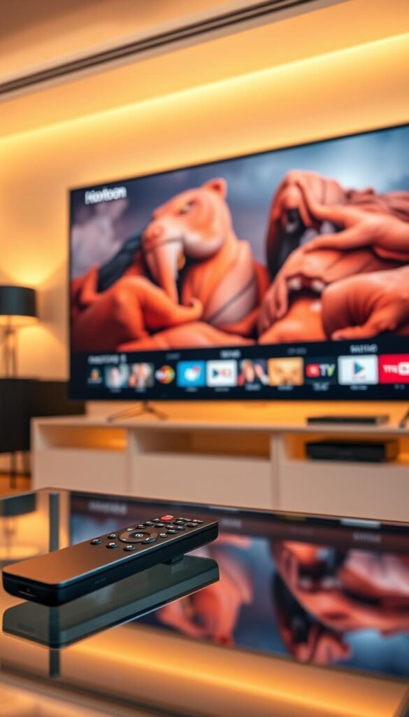 A high-definition display showcases the exceptional streaming quality of Hoxtoon Provider, with crisp, vibrant visuals and smooth playback. The scene depicts a modern living room, illuminated by warm, diffused lighting that accentuates the details of the 4K television screen. The camera angle is positioned to capture the screen at an optimal angle, highlighting the clarity and depth of the image. In the foreground, a sleek, minimalist remote control rests on a glass-topped coffee table, hinting at the seamless user experience Hoxtoon Provider delivers. The overall atmosphere exudes a sense of tech-savvy sophistication, inviting the viewer to immerse themselves in the superior streaming experience.