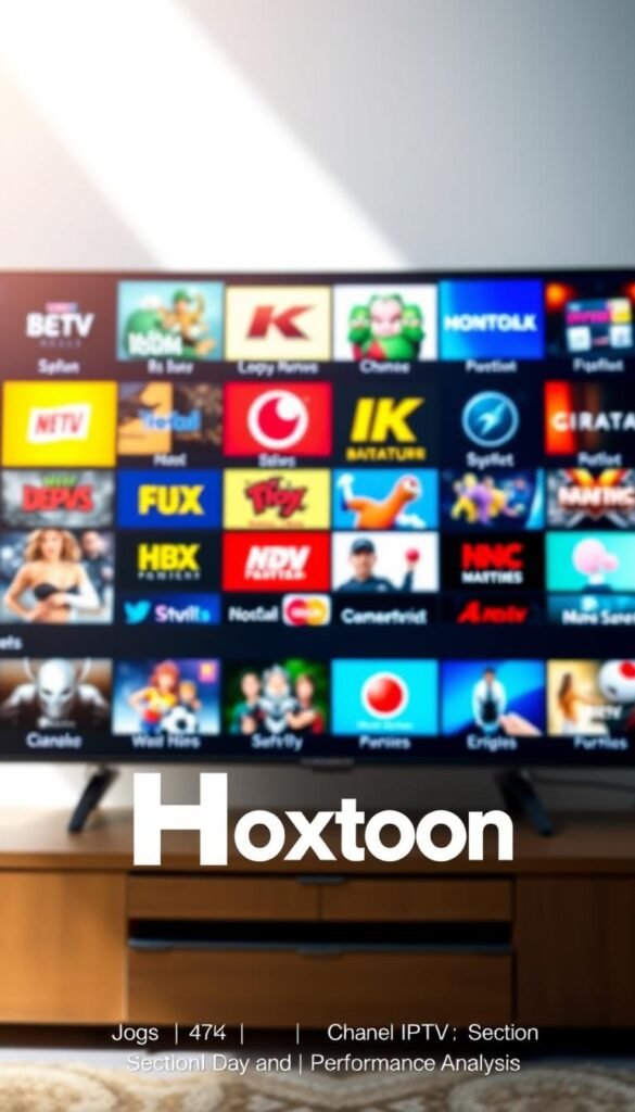 A high-definition display showing a grid of vibrant 4K IPTV channel logos and thumbnails, showcasing the comprehensive Hoxtoon Provider entertainment lineup. The screen is illuminated by soft, natural lighting, creating a sleek and modern atmosphere. The channels are organized neatly, highlighting the service's robust content selection and seamless user experience. In the foreground, a prominent Hoxtoon Provider logo stands out, reinforcing the brand's identity and quality. The overall composition conveys a sense of technological sophistication and visual clarity, aligning with the section's focus on performance analysis.