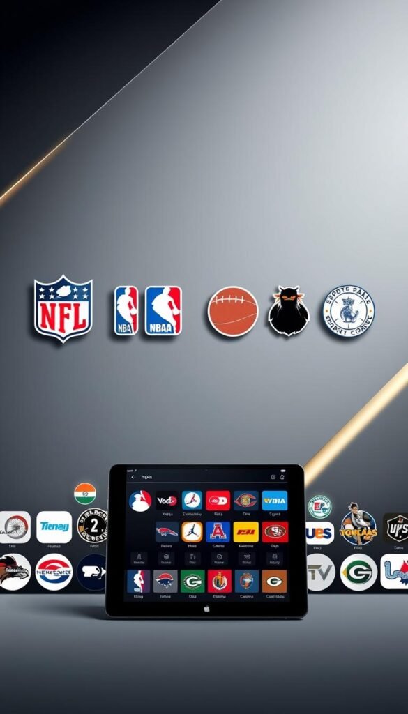 A high-definition image of a sports entertainment package offered by the IPTV provider Hoxtoon, presented against a sleek, modern background. In the foreground, a variety of sports channel logos are prominently displayed, including the NFL, NBA, MLB, and NHL, as well as popular international leagues. The middle ground showcases a tablet or smart device displaying the Hoxtoon user interface, highlighting the platform's intuitive design and extensive sports content. The background features a muted color scheme, with subtle geometric patterns and lighting effects that convey a sense of technological sophistication. The overall composition emphasizes the comprehensive sports coverage and seamless streaming experience provided by the Hoxtoon IPTV service.