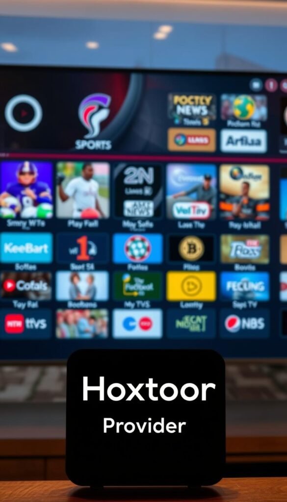 A high-definition, photorealistic image of a smart IPTV interface displaying a variety of local TV channels, including sports, news, and entertainment. The channels are organized in a visually appealing grid layout with clear icons and labels. The interface has a sleek, modern design with a dark color scheme and subtle lighting effects, creating a premium, high-tech atmosphere. In the foreground, the Hoxtoon Provider logo is prominently displayed, indicating that this is the IPTV service offering these local channels. The background features a blurred cityscape, suggesting the availability of local content. The overall composition conveys the ease and convenience of accessing a wide range of local programming through a single, smart IPTV platform provided by Hoxtoon.