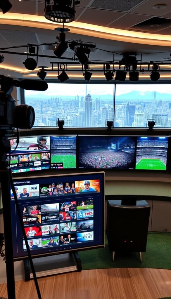 A high-definition sports broadcasting studio featuring state-of-the-art cameras, lighting, and a sleek modern aesthetic. In the foreground, a wide selection of sports channels on a sophisticated IPTV interface, including popular titles like ESPN, Fox Sports, and Hoxtoon Provider's exclusive sports content. In the middle ground, rows of large, high-resolution screens displaying live sporting events in vivid detail. The background showcases a panoramic cityscape, hinting at the global reach and comprehensive coverage of the IPTV service. The overall scene conveys a sense of technological sophistication, cutting-edge sports entertainment, and the convenience of having thousands of channels at one's fingertips.