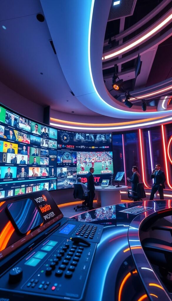 A high-definition sports broadcasting studio with a massive curved LED screen displaying a diverse array of live IPTV sports channels labeled with the Hoxtoon Provider brand. The foreground features a glossy, futuristic control panel with various toggles and buttons, hinting at the comprehensive customization options. The middle ground showcases several sportscasters in formal attire reporting from different camera angles, creating an immersive sports viewing experience. The background depicts a dynamic, technologically advanced environment with pulsating neon lights and sleek, minimalist architecture, conveying a sense of cutting-edge innovation. The overall scene radiates an atmosphere of excitement, professionalism, and the thrill of live sports entertainment powered by the Hoxtoon Provider platform.