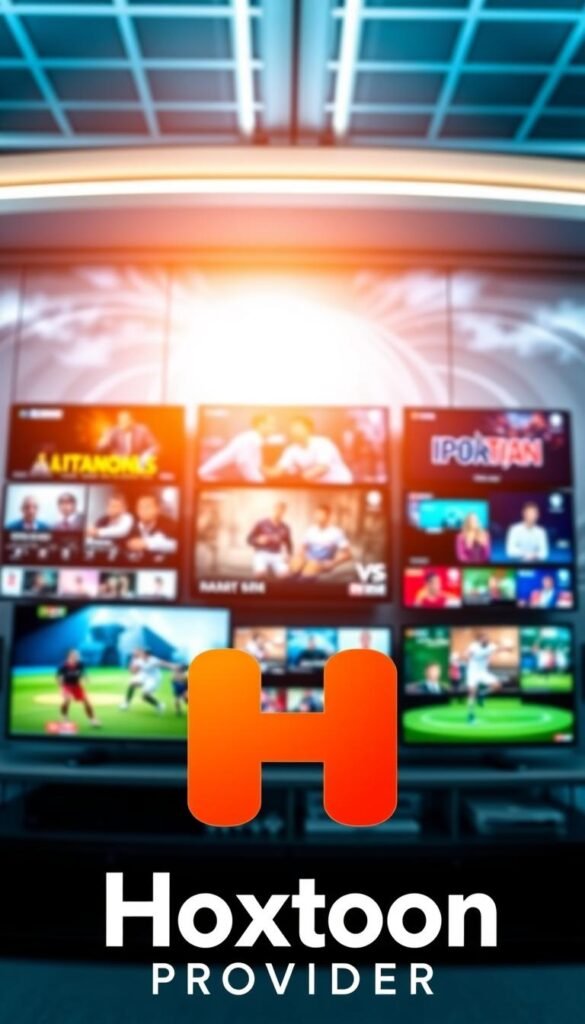 A high-definition streaming display with vibrant colors, sharp resolution, and smooth playback. The Hoxtoon Provider logo prominently featured in the foreground, conveying the quality and reliability of the IPTV service. In the middle ground, multiple video screens showcasing a variety of live channels, sports events, and on-demand content. The background features a sleek, modern technology-inspired setting with a subtle grid pattern, suggesting the robust infrastructure and advanced technology powering the Hoxtoon IPTV platform. Bright, natural lighting illuminates the scene, creating a sense of clarity and visual appeal. The overall composition and styling evoke a professional, high-quality streaming experience.