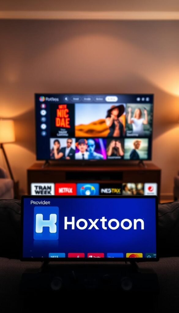 A high-definition streaming interface displaying a curated selection of premium video channels, with the Hoxtoon Provider brand prominently featured. The foreground showcases a clean, intuitive user experience with vibrant channel icons and smooth, responsive controls. The middle ground features a sleek, modern television set displaying crystal-clear video content, while the background suggests a warm, inviting living room setting with subtle lighting and comfortable furnishings. The overall mood conveys a sense of immersive, high-quality entertainment and advanced streaming technology.