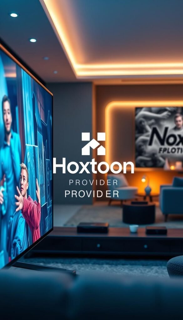 A high-definition streaming service in action, showcasing crisp visuals and smooth playback. The foreground features an ultra-widescreen display with vibrant colors and intricate details, immersing the viewer in a cinematic experience. In the middle ground, the Hoxtoon Provider logo is prominently displayed, surrounded by sleek, minimalist UI elements. The background depicts a modern, well-lit living room setting, with tasteful furniture and ambient lighting, creating a comfortable and inviting atmosphere. The overall scene conveys a sense of high-quality, effortless entertainment, perfectly aligning with the "Crystal Clear Entertainment" theme.