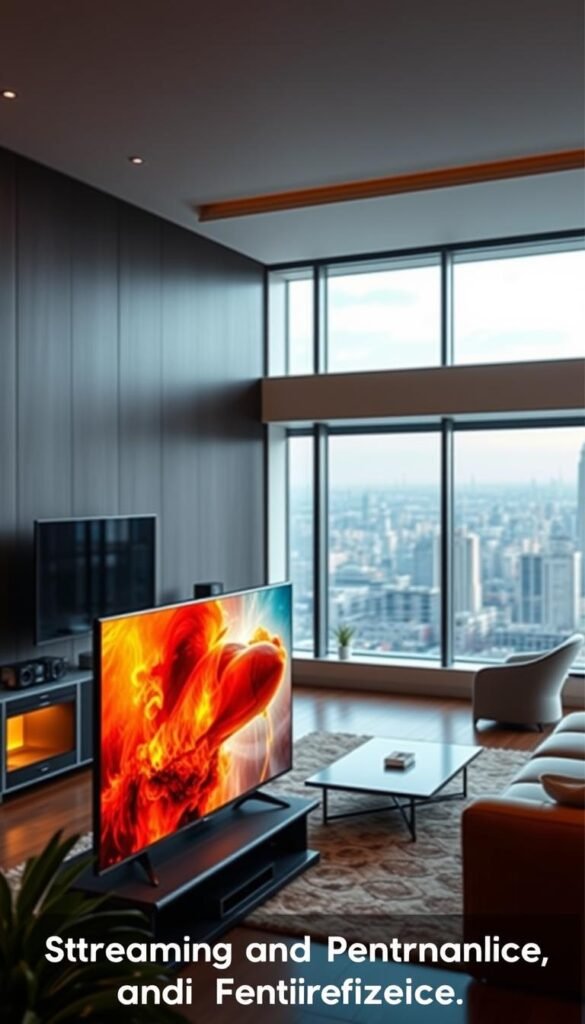 A high-definition streaming service with crystal-clear 4K video and immersive surround sound, the Hoxtoon Provider offers a seamless viewing experience. In the foreground, a sleek, modern television displays vibrant, lifelike imagery, its screen reflecting the warm glow of ambient lighting. Behind it, a sophisticated home entertainment system with advanced media components suggests the technological prowess of the Hoxtoon service. The middle ground features a cozy, well-appointed living room, with plush furniture and tasteful decor, creating an inviting atmosphere for uninterrupted streaming. In the background, a panoramic window offers a glimpse of a bustling city skyline, hinting at the global reach and connectivity of the Hoxtoon IPTV platform. The overall scene conveys a sense of high-quality, immersive entertainment and cutting-edge technology, perfectly aligned with the "Streaming Quality and Performance" section of the article.