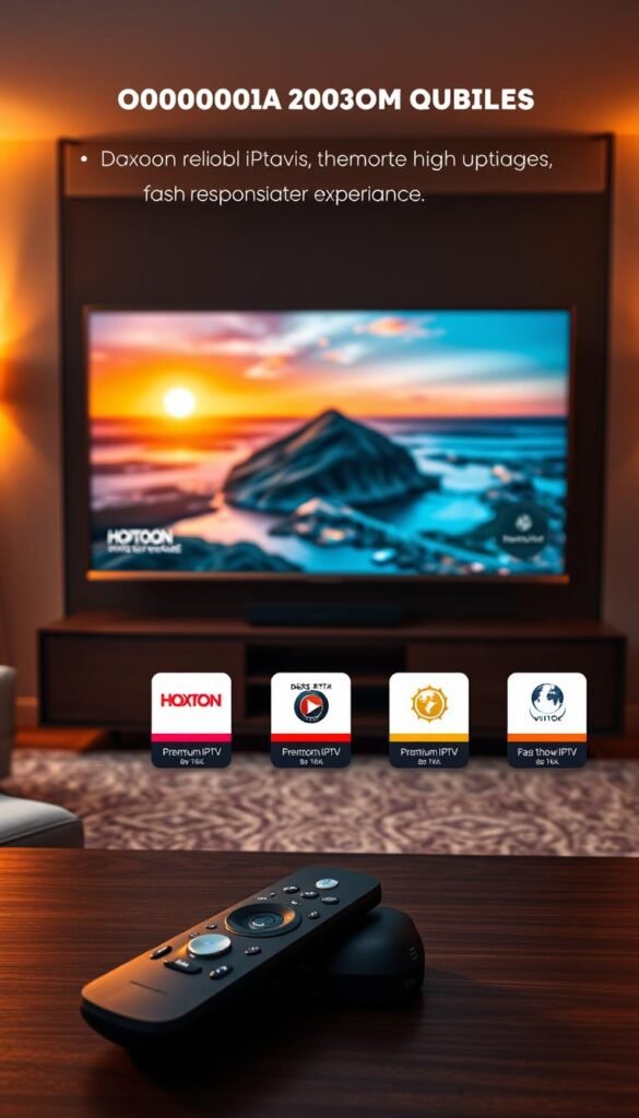 A high-definition, visually striking image showcasing the Hoxtoon Provider IPTV service. The scene depicts a sleek, modern home entertainment setup with a large, high-quality display at the center. Warm, ambient lighting illuminates the room, creating a cozy and inviting atmosphere. The display shows a crisp, clear image of a nature documentary, highlighting Hoxtoon's reliable and high-uptime performance. In the foreground, a sophisticated remote control and a fast, responsive streaming device emphasize the seamless user experience. The middle ground features several premium IPTV subscription packages, each with a distinct icon and color scheme, conveying the breadth of Hoxtoon's content offerings. The background showcases a cityscape, suggesting the global reach and accessibility of the Hoxtoon Provider service.