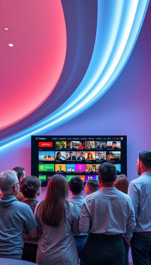 A high-end IPTV service with a vast selection of 21,000+ live TV channels and on-demand content, Hoxtoon Provider caters to diverse viewer preferences. Set against a sleek, futuristic backdrop, a group of people of various ages and backgrounds gather around a state-of-the-art TV display, captivated by the rich, vibrant visuals and seamless streaming experience Hoxtoon offers. The scene exudes a sense of modern convenience and entertainment, highlighting Hoxtoon Provider's ability to elevate the IPTV experience for its users.