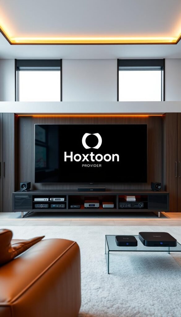 A high-end home entertainment center with a sleek, modern design. In the foreground, a large flatscreen TV displays the Hoxtoon Provider logo, illuminated by warm, directional lighting. In the middle ground, various streaming devices and smart home hubs are neatly arranged, conveying a sense of technological sophistication. The background features a minimalist, monochromatic interior with large windows, allowing natural light to flood the space and create a serene, premium atmosphere. The overall scene exudes a sense of luxury, efficiency, and cutting-edge technology, positioning Hoxtoon Provider as a top-tier IPTV service.