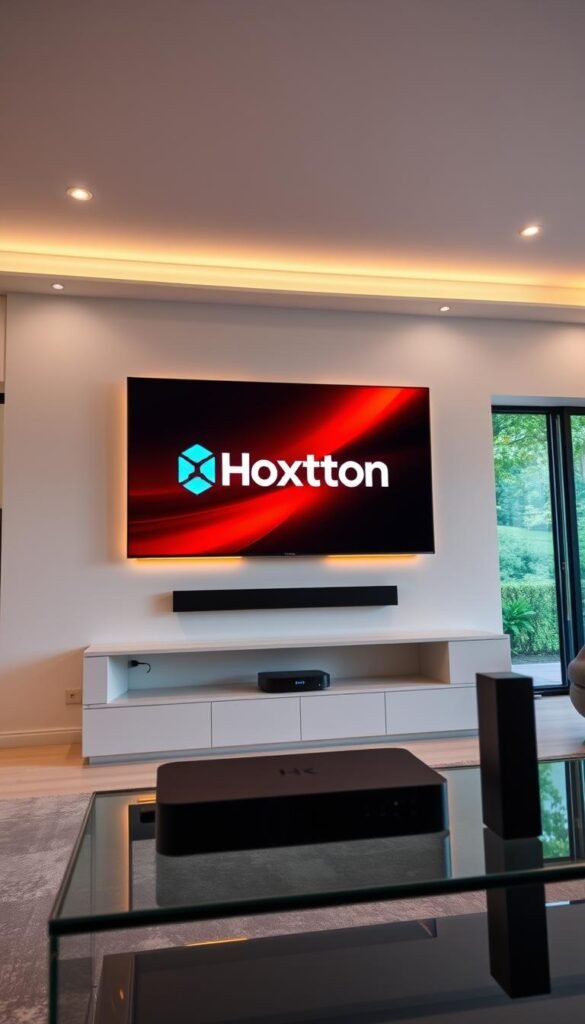 A high-end home entertainment setup, featuring a large, ultra-high-definition 4K TV mounted on a modern, minimalist wall unit. The TV displays a crisp, vibrant image of the Hoxtoon Provider streaming service's logo, showcasing its premium quality. Subtle ambient lighting from recessed ceiling fixtures creates a warm, inviting atmosphere. In the foreground, a sleek, state-of-the-art streaming device sits atop a glass or metal entertainment console, ready to deliver seamless, high-resolution content. The room is airy and spacious, with large windows letting in natural light and providing a scenic view of a lush, verdant landscape outside, creating a sense of openness and tranquility.