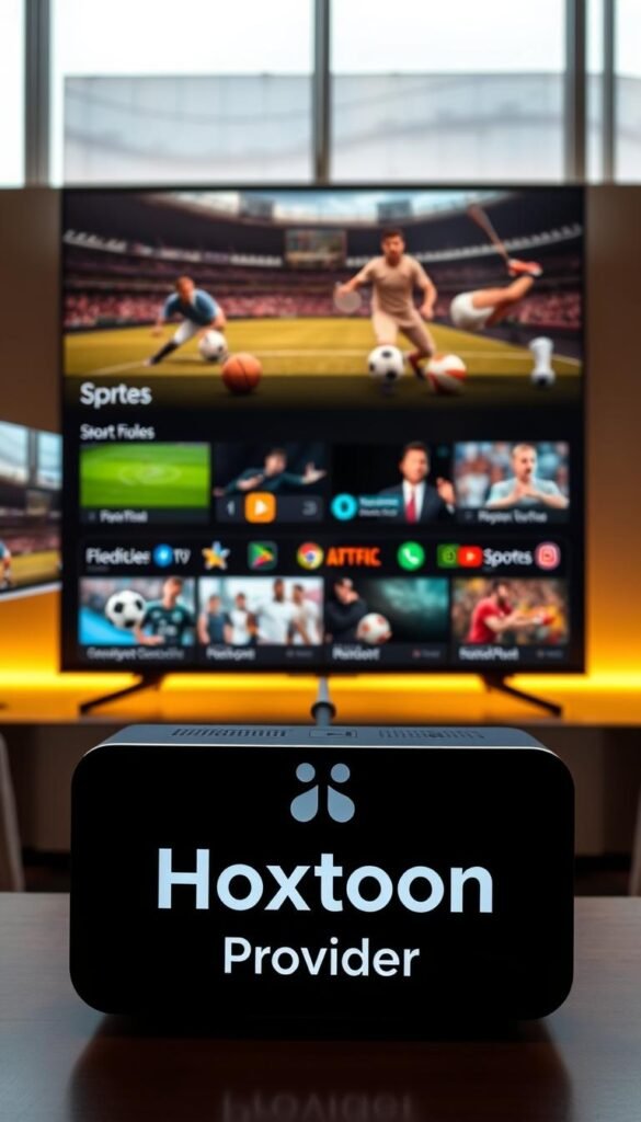 A high-end, modern IPTV service with a sleek, minimalist interface. The interface showcases various sports channels and content, with a focus on live events. The foreground features the "Hoxtoon Provider" logo prominently displayed, conveying the brand's authority and reliability. The middle ground depicts a range of sports icons, such as footballs, basketballs, and tennis rackets, suggesting the breadth of sports coverage. The background showcases a dynamic cityscape, hinting at the global reach and accessibility of the service. The lighting is warm and inviting, creating a premium, high-quality atmosphere. The composition is balanced and visually appealing, drawing the viewer's attention to the key elements.