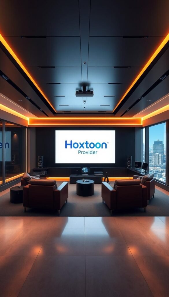 A high-end, modern sports entertainment studio with sleek, minimalist design. In the foreground, the Hoxtoon Provider logo is prominently displayed on a large flatscreen display, illuminated by warm, directional lighting. The middle ground features comfortable leather seating and state-of-the-art media equipment, creating an immersive viewing experience. The background showcases a panoramic window overlooking a vibrant cityscape, hinting at the global reach and premium quality of the Hoxtoon IPTV service. The overall atmosphere conveys a sense of exclusivity, technological sophistication, and the passion for Indian sports.