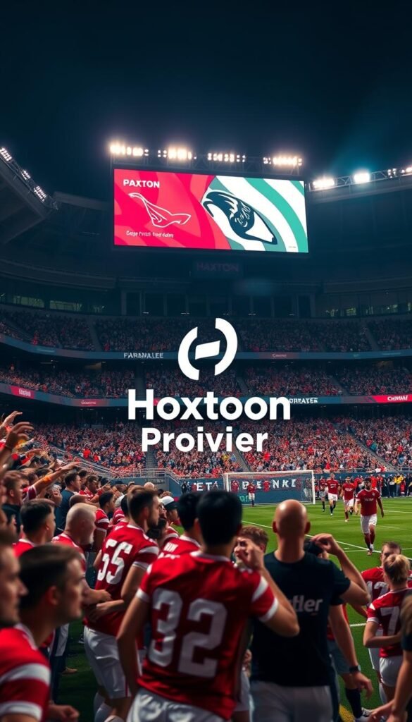 A high-energy live sports event with crowds cheering passionately, players competing with intense focus, and Hoxtoon Provider's logo prominently displayed. A wide-angle shot captures the grandeur of the stadium, with vibrant lighting illuminating the dynamic action on the field. The foreground features the players, their uniforms emblazoned with team logos, engaged in a heated moment of the game. The middle ground showcases the enthusiastic audience, their faces alight with excitement. In the background, the stadium's impressive architecture and towering scoreboard create a sense of scale and spectacle. The overall mood is one of excitement, anticipation, and the thrill of live sports, perfectly capturing the essence of Hoxtoon Provider's comprehensive sports coverage.