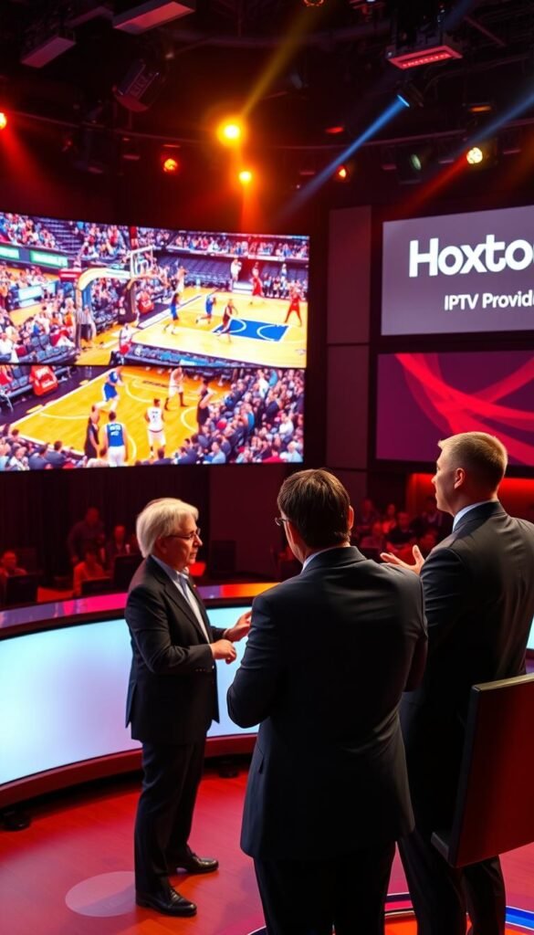 A high-energy sports broadcast studio, bathed in warm, vibrant lighting. In the foreground, a large, curved LED display showcases live footage of a thrilling basketball game, the players' movements crisp and dynamic. In the middle ground, a pair of sports commentators, clad in professional attire, engage in an animated discussion, their gestures and expressions conveying the excitement of the event. The background features a sleek, modern set design, complete with the Hoxtoon Provider logo prominently displayed, signifying the premium quality of the IPTV sports coverage. The overall atmosphere is one of excitement, professionalism, and technological sophistication, capturing the essence of "Major Sporting Events Coverage" for the article.