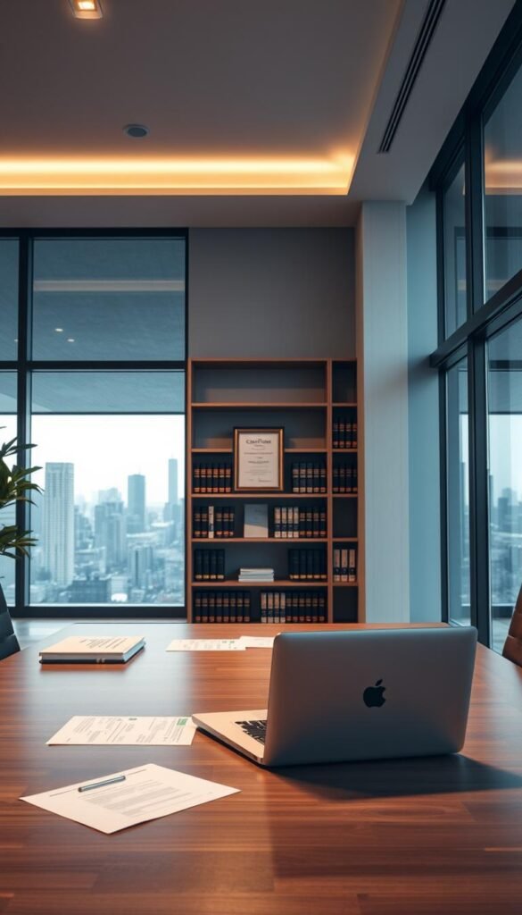 A high-key, cinematic image of a modern, well-lit office interior. In the foreground, a large desk with a laptop, paperwork, and a Hoxtoon Provider logo prominently displayed. In the middle ground, a bookshelf filled with legal tomes and a framed certificate of compliance. The background features floor-to-ceiling windows overlooking a cityscape, with soft, directional lighting illuminating the scene. The overall atmosphere conveys a sense of professionalism, attention to detail, and legal compliance.