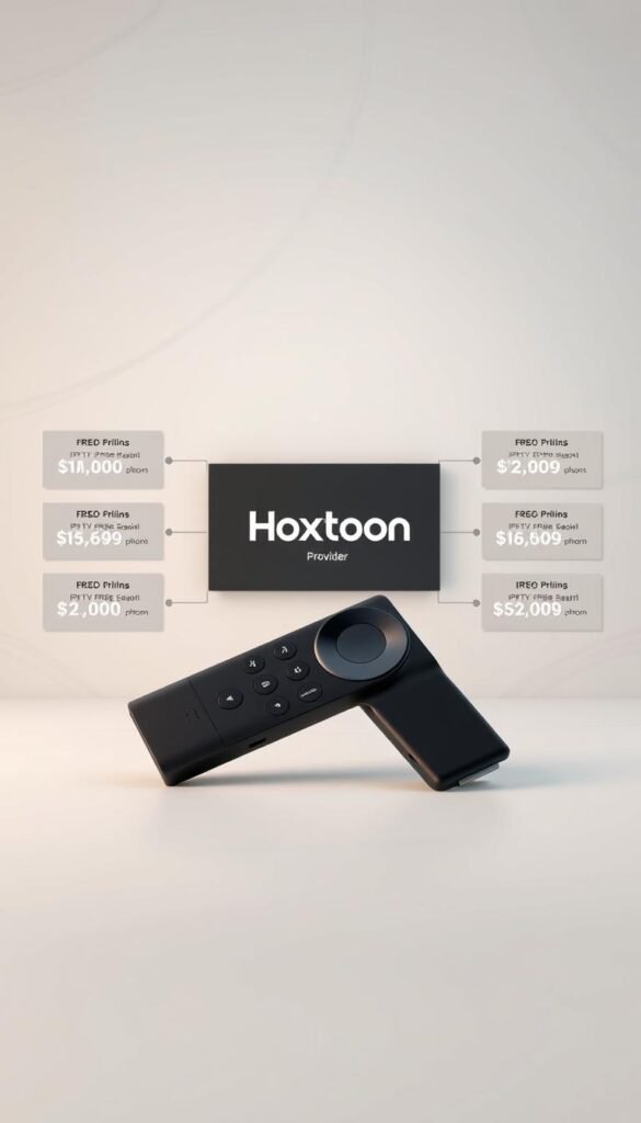 A high-quality 3D render of a Firestick device displayed prominently in the center of the frame, with a clean, modern user interface showcasing the "Hoxtoon Provider" brand name and various IPTV service subscription plans and pricing options elegantly presented around it. The background is a minimalist, light-colored setting with subtle textures and patterns, creating a sense of sophistication and professionalism. The lighting is soft and even, accentuating the details of the Firestick and the UI elements. The overall composition is well-balanced, drawing the viewer's attention to the key information about the Hoxtoon IPTV service.