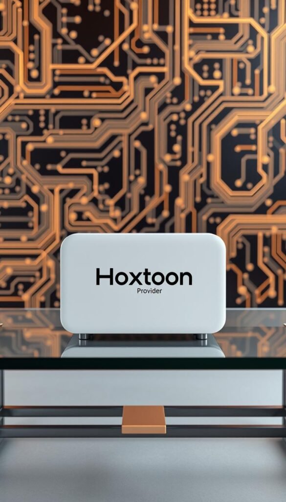 A high-quality 3D render of a sleek, modern IPTV set-top box with the Hoxtoon Provider brand logo prominently displayed on the front panel. The device is sitting on a minimalist glass and steel table, against a backdrop of futuristic, interconnected circuit boards and digital data streams. Soft, warm lighting illuminates the scene, creating a sense of technological sophistication and innovation. The overall composition highlights the advanced features and reliable performance of the Hoxtoon IPTV service.