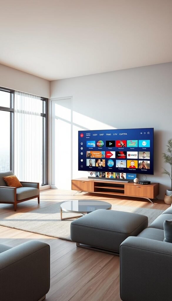 A high-quality 3D rendering of a modern, minimalist living room interior with a large flatscreen TV displaying the Hoxtoon Provider free trial IPTV subscription service interface. The room has clean lines, light wood floors, and a neutral color palette with accents of warm tones. Soft, natural lighting streams in through large windows, creating a cozy and inviting atmosphere. The IPTV interface is prominently featured on the screen, showcasing a wide selection of live TV channels and on-demand content. The overall scene conveys a sense of convenience, entertainment, and the value of testing an IPTV service before committing to a full subscription.