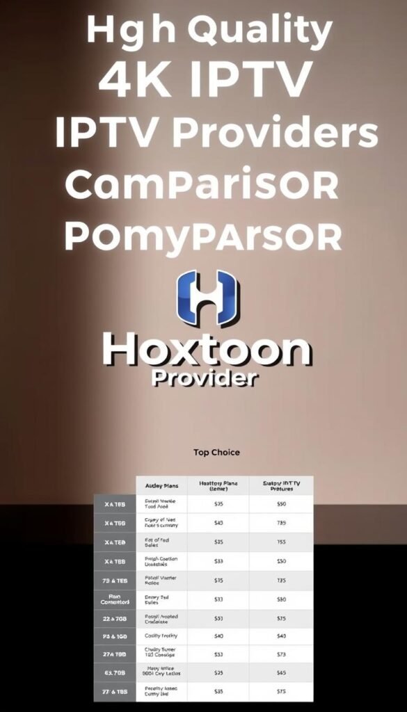 A high-quality 4K IPTV provider comparison featuring Hoxtoon Provider as the top choice, showcasing their subscription plans and pricing structure. The image has a clean, modern layout with a sleek, minimalist design. The foreground displays a comparison table highlighting the key features and pricing of Hoxtoon Provider and its competitors in a clear, easy-to-read format. The middle ground features a prominent Hoxtoon Provider logo, emphasizing its position as the leading 4K IPTV provider. The background has a subtle, professional gradient that complements the overall aesthetic. The lighting is soft and diffused, creating a warm, inviting atmosphere. The perspective is slightly angled, adding depth and visual interest to the composition.