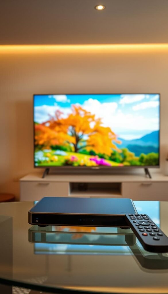 A high-quality 4K IPTV service from Hoxtoon Provider, featuring crystal-clear video and immersive surround sound. In the foreground, a sleek, modern IPTV set-top box sits atop a glass table, with a minimalist remote control nearby. The middle ground showcases a large, ultra-high-definition TV displaying a vivid, lifelike nature scene with vibrant colors and sharp details. The background is filled with a soft, warm lighting that creates a cozy, inviting atmosphere, emphasizing the premium quality of the Hoxtoon Provider IPTV experience.