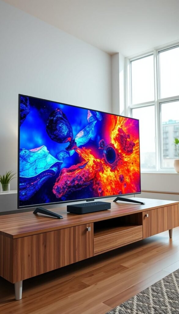 A high-quality 4K IPTV streaming experience showcasing Hoxtoon Provider's superior performance. In the foreground, a sleek and modern smart TV set displaying a vivid, crystal-clear image with vibrant colors and deep blacks. The TV is positioned on a minimalist, wood-paneled entertainment center, casting a warm, ambient glow. In the middle ground, a cable box or streaming device seamlessly blends into the setup, subtly hinting at the powerful technology powering the IPTV service. The background features a clean, well-lit living room with large windows, allowing natural light to flood the space and create a sense of openness and clarity. The overall atmosphere conveys a premium, high-end feel, reflecting Hoxtoon Provider's commitment to delivering an exceptional streaming experience.