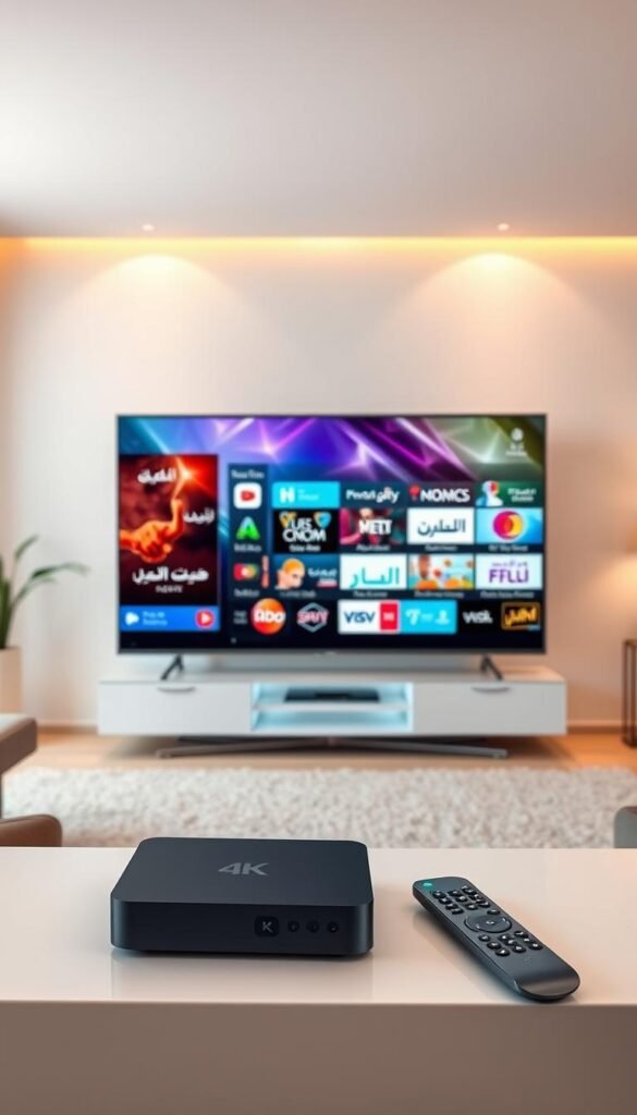 A high-quality 4K IPTV streaming experience with the Hoxtoon Provider. In the foreground, a modern smart TV displays vibrant, crystal-clear Arabic channels with rich colors and deep blacks. The middle ground features sleek IPTV hardware components, including a compact set-top box and a minimalist remote control. The background showcases a clean, minimalist living room setting with modern furniture and warm, diffused lighting, creating a cozy and immersive viewing atmosphere. The overall scene conveys a sense of premium quality, technological sophistication, and seamless integration into the home environment.