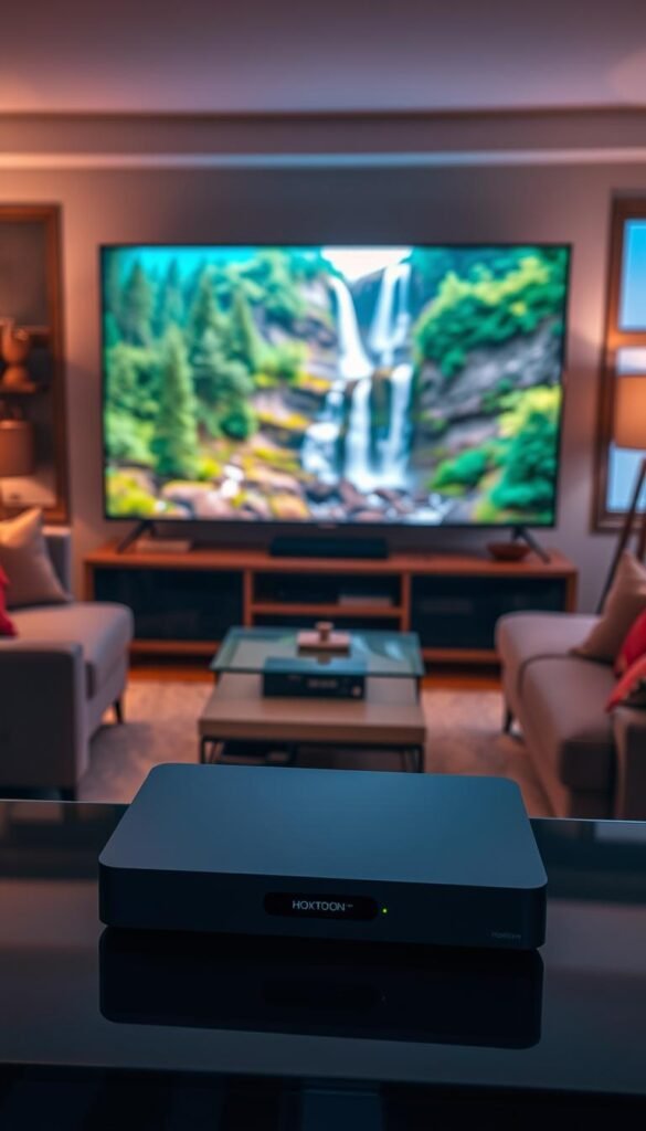 A high-quality 4K IPTV streaming setup. In the foreground, a sleek Hoxtoon Provider set-top box sits atop a modern media console, its minimalist design complementing the warm, ambient lighting. The middle ground features a large, high-definition television displaying a vibrant, crystal-clear image of a nature documentary, with lush forests and cascading waterfalls. In the background, a cozy living room setting with plush furniture and large windows, bathed in the soft glow of indirect lighting, creates a relaxing, immersive viewing experience. The scene conveys a sense of technological sophistication, visual clarity, and comfortable home entertainment.
