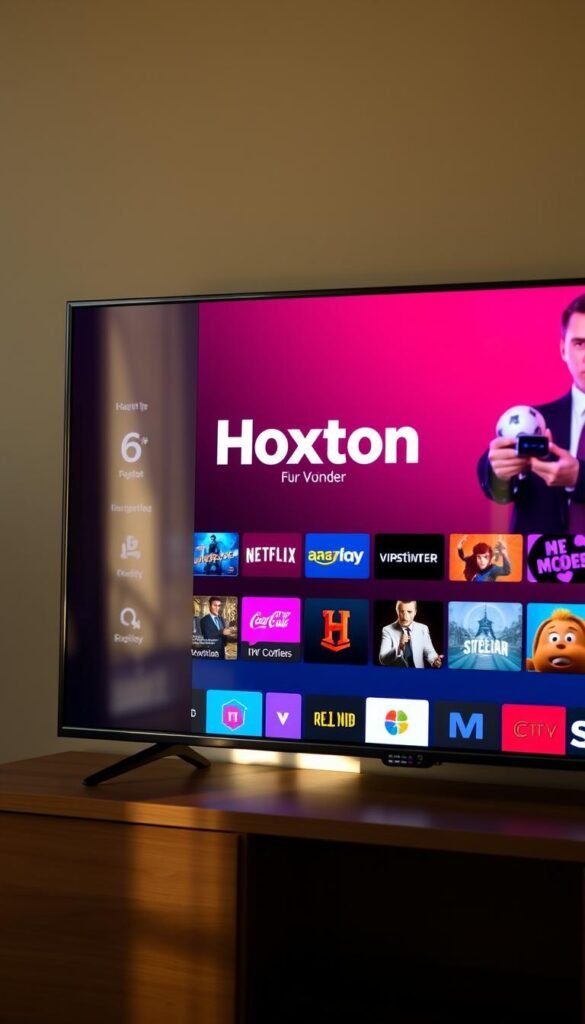 A high-quality 4K digital display showcasing a sleek Roku TV interface, with a Hoxtoon Provider logo prominently displayed. The screen features various IPTV channels and streaming options, all accessible through an intuitive and user-friendly menu. Warm, natural lighting illuminates the scene, creating a welcoming and inviting atmosphere. The overall composition emphasizes the seamless integration of IPTV technology with the Roku TV platform, highlighting the benefits and convenience for the user.