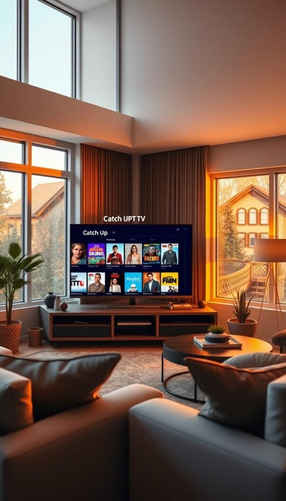 A high-quality 4K digital photograph of a modern living room with a large flat-screen TV displaying the "Catch Up TV" feature of the Hoxtoon Provider IPTV service. The TV screen shows a grid of thumbnails representing various on-demand TV shows and movies available for catch-up viewing. The room is brightly lit with warm, natural lighting from large windows, creating a cozy and inviting atmosphere. The furniture, decor, and overall styling of the room communicate a sense of comfort and technological sophistication. The camera is positioned at eye level, capturing the TV screen and surrounding environment in a balanced, visually appealing composition.