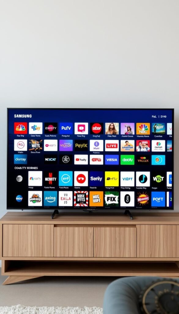 A high-quality 4K digital photograph of an elegant Samsung Smart TV display showcasing a diverse array of IPTV channels from the Hoxtoon Provider. The TV is placed on a minimalist wooden cabinet against a soft, neutral-toned wall. The screen displays a grid of channel logos and thumbnails, each with a clear, vivid resolution. The image has a clean, modern aesthetic, with balanced lighting that accentuates the TV's sleek design. The overall composition conveys the breadth and quality of Hoxtoon's impressive content library, providing a visually compelling representation of the section title.