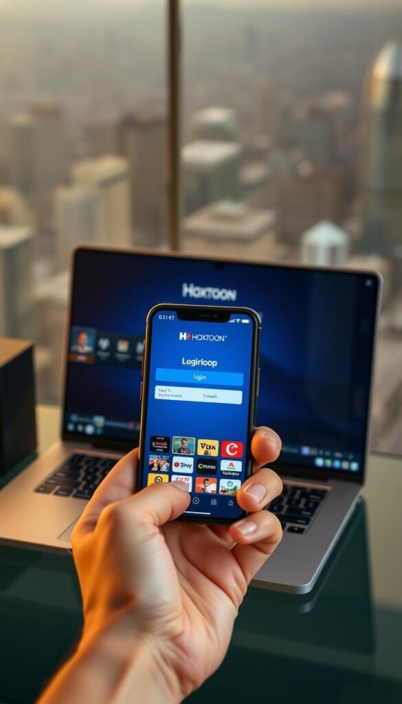 A high-quality 4K image of a free IPTV trial account offered by the Hoxtoon provider. The scene shows a laptop screen displaying the Hoxtoon login page, with a sleek and modern user interface. In the foreground, a hand holds a smartphone displaying the Hoxtoon mobile app, showcasing the wide range of channels and live TV options available. The background features a blurred cityscape, conveying a sense of technology and connectivity. The lighting is natural and warm, creating a inviting and premium atmosphere. The overall composition emphasizes the ease and convenience of accessing a free IPTV trial through Hoxtoon across multiple devices.