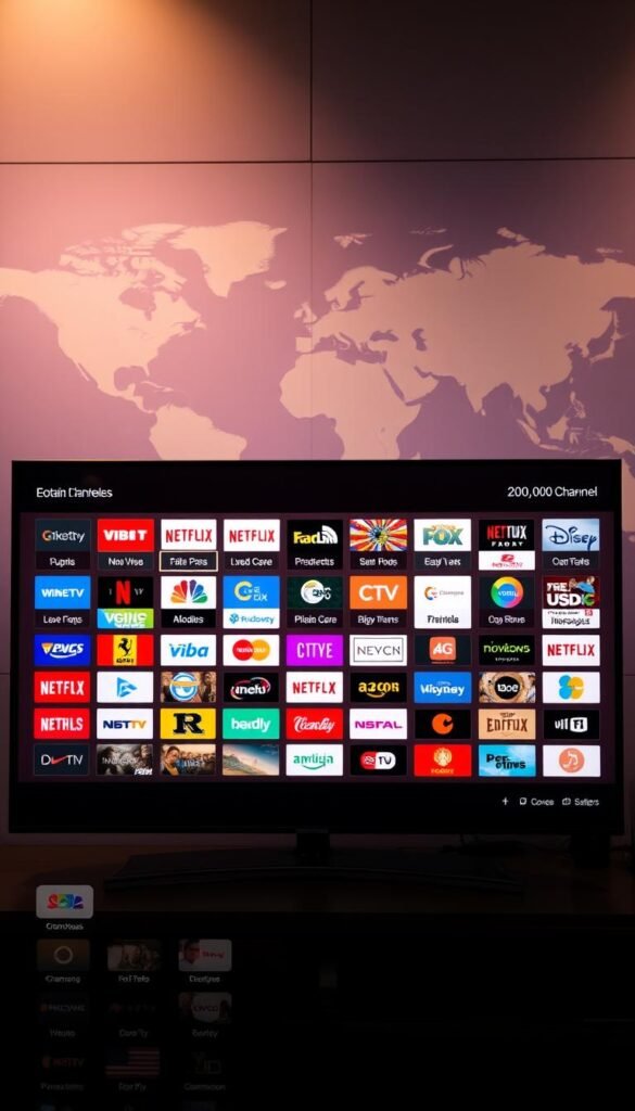 A high-quality 4K image of the Hoxtoon Provider IPTV channel selection interface, showcasing a vast array of over 21,000 channels across diverse categories. The foreground features a sleek, modern UI with intuitive navigation, displaying channel logos and names. The middle ground presents a grid-like layout of channel thumbnails, each offering a preview of the content. In the background, a soft, blurred world map conveys the global reach and comprehensive coverage of the Hoxtoon Provider's IPTV service. The scene is bathed in a warm, inviting lighting that enhances the user experience and highlights the breadth of entertainment options available.