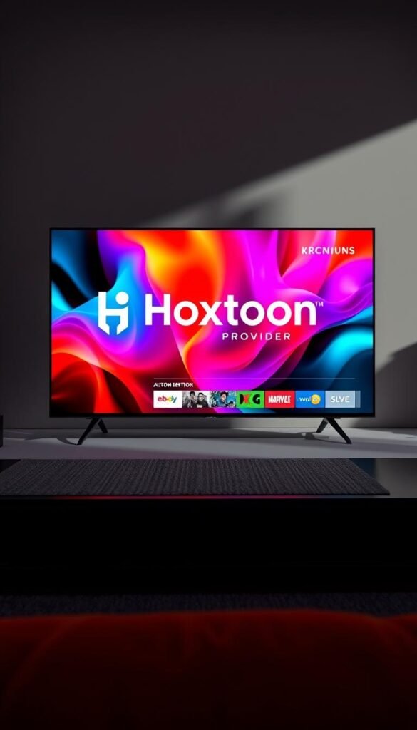 A high-quality, 4K rendering of the Hoxtoon Provider streaming service interface. The scene depicts a sleek, modern TV display showcasing vibrant, ultra-high definition video playback with rich colors and exceptional detail. The interface design features the Hoxtoon Provider brand prominently, with clean typography and elegant UI elements. Soft, dramatic lighting creates depth and atmosphere, while a subtle reflection on the screen's surface adds a sense of depth and realism. The overall impression is one of premium, cutting-edge streaming technology delivering an immersive, cinema-quality viewing experience.