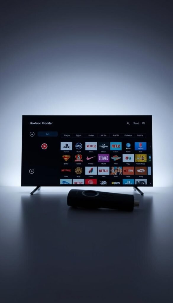 A high-quality 4K screenshot of the Hoxtoon Provider IPTV interface as displayed on a Firestick device. The interface features a sleek, modern design with a dark color scheme, clean lines, and intuitive navigation. The main menu displays a grid of channel icons, seamlessly organized by categories. The backdrop shows a subtle gradient pattern, creating depth and a sense of depth. Soft, directional lighting illuminates the interface, casting subtle shadows and highlights to enhance the visual appeal. The camera angle provides a centered, eye-level perspective, allowing the viewer to clearly see the entire interface layout. The overall mood is one of sophistication and functionality, perfectly suited for the targeted article section.