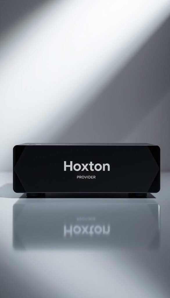 A high-quality 4K streaming device with the Hoxtoon Provider logo prominently displayed on the front panel. The device is set against a minimalist background, with clean lines and a sleek, modern aesthetic. Soft, directional lighting illuminates the device, highlighting its glossy finish and sharp edges. The overall mood is one of technological sophistication and premium quality, conveying the superior streaming performance of the Hoxtoon IPTV system.