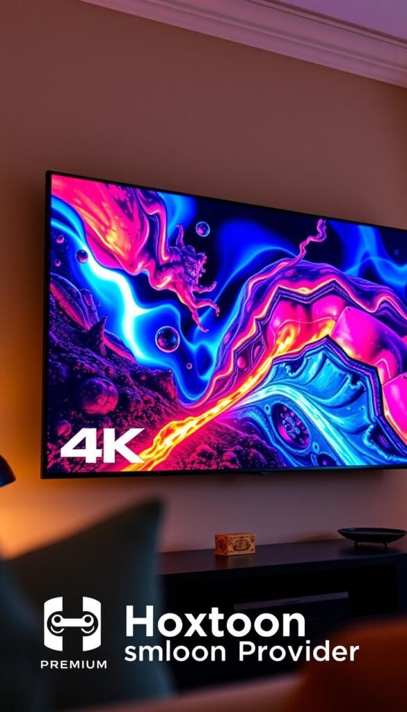 A high-quality 4K video stream flows seamlessly across a large widescreen display, showcasing vibrant colors and crisp details. The Hoxtoon Provider logo prominently displayed in the lower-left corner, indicating a premium IPTV service. The scene is bathed in a warm, soft lighting, creating a cozy and inviting atmosphere. The camera angle captures the display from a slightly elevated perspective, emphasizing the immersive viewing experience. The background is slightly blurred, keeping the focus on the captivating video content.