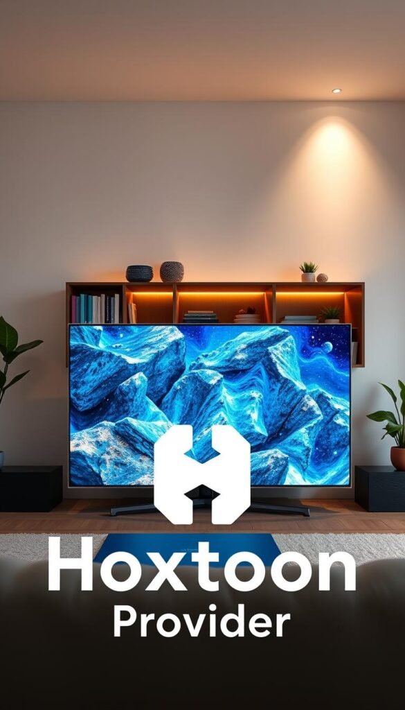 A high-quality 4K video streaming service with the Hoxtoon Provider logo prominently displayed in the foreground. The image shows a modern living room with a large, sleek smart TV taking up the central space. The TV screen displays a crystal-clear, vibrant image with rich colors and deep blacks, showcasing the exceptional streaming quality. In the background, a bookshelf and potted plants create a cozy, inviting atmosphere. Soft, warm lighting illuminates the scene, creating a comfortable and relaxing ambiance. The overall composition conveys a sense of technological sophistication and visual clarity, reflecting the technical capabilities of the Hoxtoon Provider streaming service.