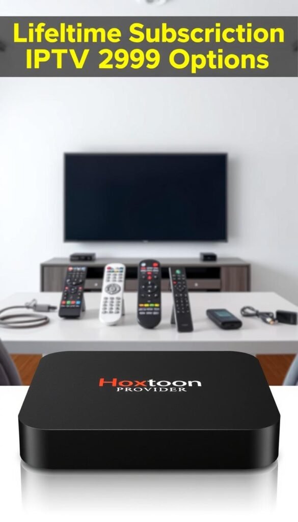 A high-quality Android IPTV box, positioned in the foreground, displaying the Hoxtoon Provider logo prominently. The box is sleek and modern, with clean lines and a matte black finish. In the middle ground, various remote controls and cables are neatly arranged, showcasing the device's connectivity options. The background features a minimalist, well-lit interior, suggesting a professional, tech-savvy setting. The overall composition conveys a sense of sophistication and reliability, perfectly suited to illustrate the "Lifetime Subscription IPTV Box2019 Options" section of the article.