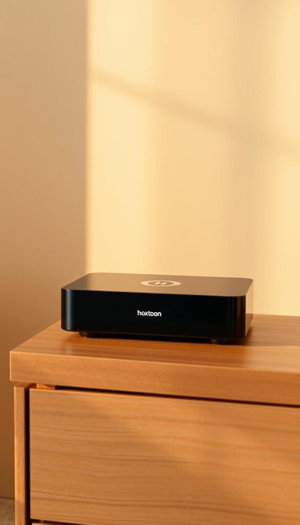 A high-quality IPTV box by Hoxtoon Provider, with a sleek black casing and minimal design, sits atop a wooden table. The box features clean lines and a glossy finish, conveying a sense of modern elegance. The front panel has a subtle logo, indicating the Hoxtoon brand. Warm, directional lighting casts gentle shadows, highlighting the box's form and creating a cozy, inviting atmosphere. The background is a simple, neutral-toned wall, allowing the IPTV box to be the focal point. The overall scene suggests a high-performance, subscription-free IPTV solution that seamlessly integrates into a living space.